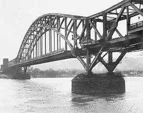 Ludendorff Bridge over the Rhine River, Remagen, Germany, showing damage before collapse during the Battle of Remagen in World War II (1945)