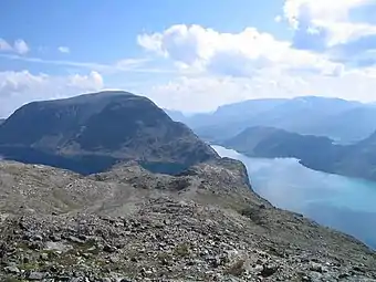 Besseggen seen from the east, with Gjende lake to the right and Bessvatnet to the left