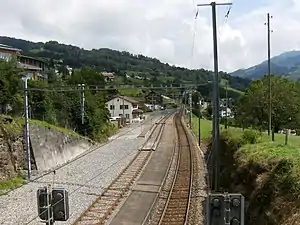 Two railroad tracks leading past a station building