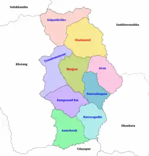 Map of Bhojpur District showing all local level units