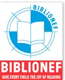 A blue book in a blue-and-white circle, with the caption "Biblionef: give every child the joy of reading"