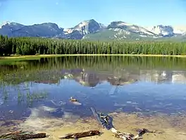 A view from Bierstadt Lake. Hallett Peak is at the center, flanked on the left by Otis Peak, with Flattop Mountain and Ptarmigan Point on the right.