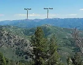 A photo of Big Peak and Baker Peak viewed from the Soldier Mountains.