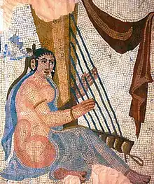 Mosaic at Bishapur of a musician playing an angular harp