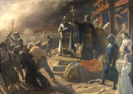  photo of painting by Laurits Tuxen depicting the Bishop Absalon toppling the god Svantevit at Arkona