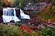 A waterfall along a rushing stream, falling over a steep rock ledge, which is surrounded by a forest on either side