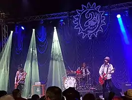 Blackballed (l-r; Tom Wibberley, Leon Gill, Marshall Gill) playing at Beautiful Days Festival in 2017.