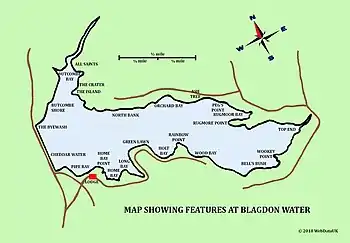 Map of Blagdon Lake showing notable bank features