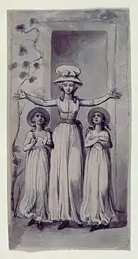 Drawing showing a female teacher holding her arms up in the shape of a cross. There is one female child on each side of her, both gazing up at her.