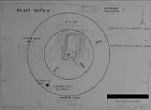 Map describing the clearance zones during blasting in a limestone quarry. These notices are produced by surveyors (see topography).