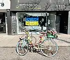 A workplace on Bloor West Village in Toronto displaying the Ukrainian flag. Canada is home to a number of ethnic Ukrainians outside of the former Soviet Union.