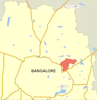 Location of Ramamurthy Nagar, shown in red, in Bangalore