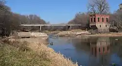 Remains of dam and hydroelectric power plant, below Broad Street bridge, on Big Blue River at Blue Springs