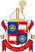 "Bo Giertz's coat of arms shows a checked background with two red and two blue squares on a shield in front of a shepherd's crook; the blue squares feature a yellow triangle inscribed within a stylized sun, whilst the red squares depict an open book over a diagonal sword; the shield is topped with a bishop's mitre and lappets. The motto is in Latin: "Verbum crucis Dei virtus.""