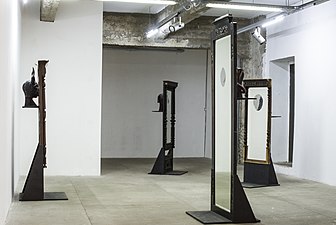 Bob Basset masks and mirrors installation at the Objects exhibition, Kharkiv, Ukraine, 2018