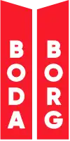 Boda Borg is written top-to-bottom on two red trapezoids.