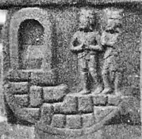 Visit of Indra to the Indrasala cave. The Buddha is symbolized by his throne in the cave  (Mahabodhi Temple, Bodh Gaya, circa 150 BCE).