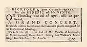 1772, April 2. Newscutting relating to Hickford's, announcing A grand concert for the benefit of Mr. Vento; Grand concert; Hickford's near Golden Square