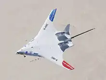 The NASA X48b aircraft pictured in flight over Andrews Air Force Base.