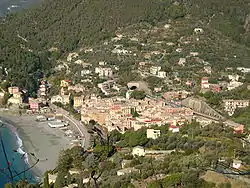 Bonassola, the beach, town and a railway tunnel