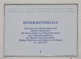 Berlin memorial plaque at Bonhoeffer house.