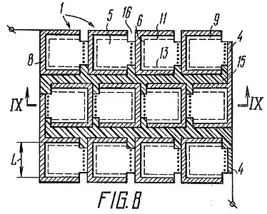 Drawing in Bordina's 1976 patent. Millimetric parallelipedic bifacial solar cells connected in series. In each mini-cell bulk material is p-type. Dashed lines are pn junctions and dotted lines isotype pp+. Diagonally striped lines left to right are metal electrodes and diagonally striped lines right to left is an insulator filler. 100 cells/cm2.