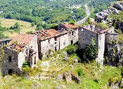 Medieval village upon the hill. In the background the railway bridge. 2012 photo