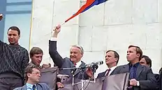 President Boris Yeltsin waving the flag during the August Coup, 1991