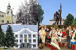 top left: Borzna Nicholas Church; top right: monument to the lost countrymen; bottom left: Borzna City Hall and Vladimir Lenin statue (statue was destroyed in February 2014 during Leninopad); bottom right: Borzna Pokrovsky Fair, held every October