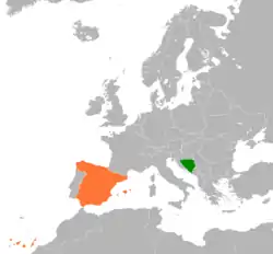 Map indicating locations of Bosnia and Herzegovina and Spain