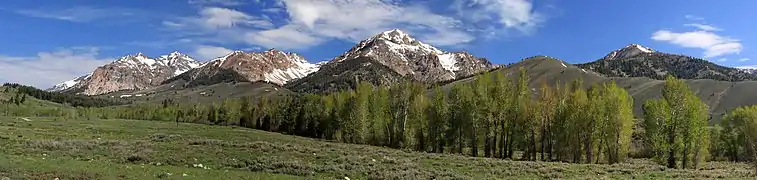 Boulder Mountains from Highway 75. Boulder Peak centered