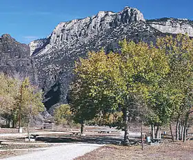 Picnic area beneath mountains