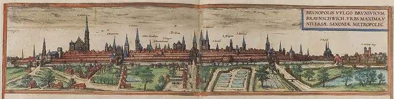 Braunschweig in the 16th century, from the Civitates orbis terrarum by Georg Braun and Frans Hogenberg.