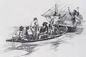 Men in a smaller boat hold two men in a larger boat at gunpoint