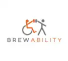 A stylized picture of a person in a wheelchair holding a glass of beer and a person standing also with a glass of beer, and the two are clinking the two glasses together as in a toast