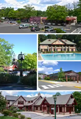 A medley of different scenes to represent the diversity of the village. At top is a photo of a street on the village's business district. Above center, right shows the Village Pool as part of Law Memorial Park. Below center, right shows Briarcliff Manor's high school. At the bottom is the village library, part of which was once Briarcliff's train station. Center, left shows the central business district with Briarcliff Manor's pocket park and clock in the foreground, and the old Municipal Building in the background.