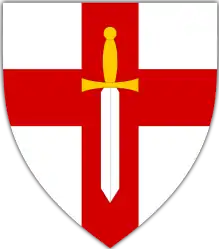 A white crusader sword, point down and with a golden hilt, on top of the red cross of St George. The entire emblem is within a white shield.