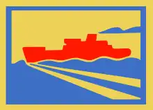 red transport ship cruising on blue water with yellow sky