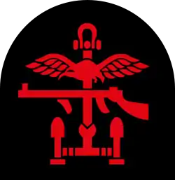 Insignia of Combined Operations units it is a combination of a red Thompson submachine gun, a pair of wings, an anchor and mortar rounds on a black backing.