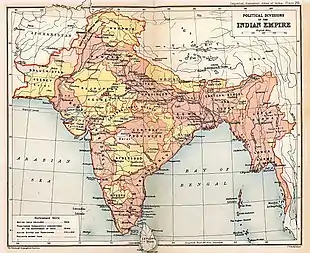 Political subdivisions of the British Raj, commonly India,  in 1909, showing British India in two shades of pink and the Princely states in yellow