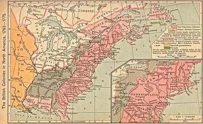 This map shows the British Province of Quebec in the north around the Great Lakes.  To the west, across the Mississippi River, is Spanish Louisiana.  The former French Illinois Country spans the Mississippi in the center-west.  The thirteen American colonies are to the east.