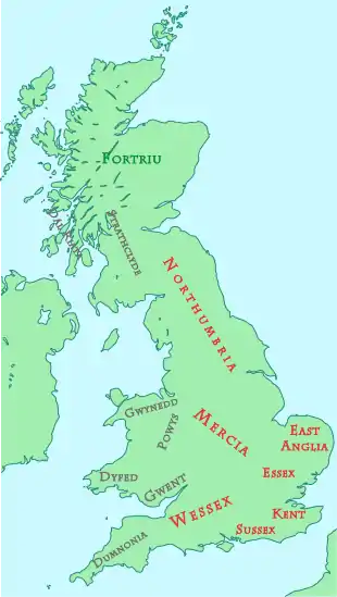 A labelled map of Great Britain. Modern Britain is labelled Northumbria, Mercia, East Anglia, Essex, Kent, Sussex and Wessex in red, Cornwall is labelled Dumnonia in grey; Wales is labelled Gwynedd, Powys, Dyfed and Gwent in grey; southern Scotland is labelled Strathclyde and Dal Riata in grey; northern Scotland is labelled Fortriu in green.