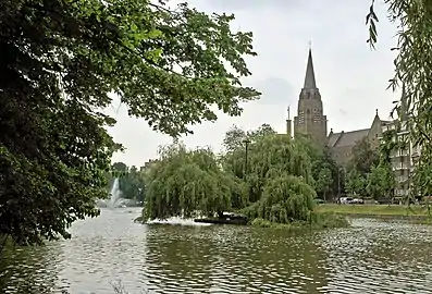 Church of the Holy Cross on the eastern shore of the north pond