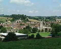 Bruton viewed from the Dovecote; St. Mary's church stands out with its grand tower