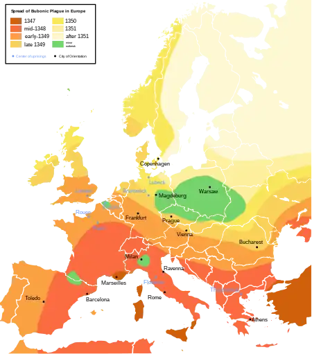 A computer generated map of Europe, with bands of colour marking the spread of the Black Death. England appears in amber, showing infection halfway through the epidemic