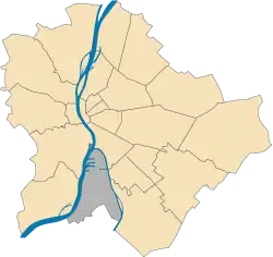 Location of District XXI in Budapest (shown in grey)