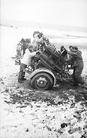 A six-barrelled 30 cm Nebelwerfer 42 rocket launcher.