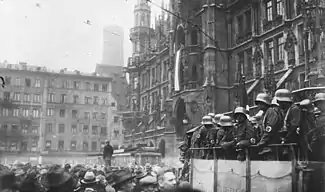 Munich Marienplatz during the failed Beer Hall Putsch, 8–9 November 1923.