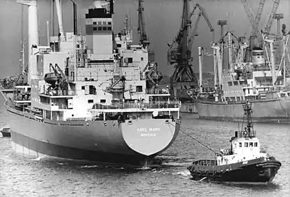 German harbour-tug and DDR quick-freighter Karl Marx at Rostock harbour