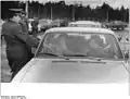 East German border guards checking vehicles at the checkpoint in Drewitz in March 1972 after the easing of travel restrictions into East Germany.